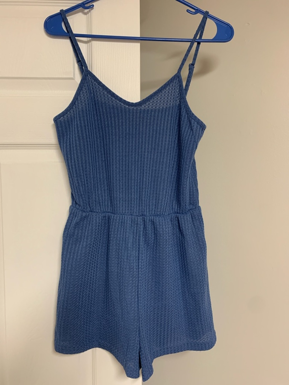 Women’s SHEIN Blue Textured Knit Spaghetti-Strap Romper